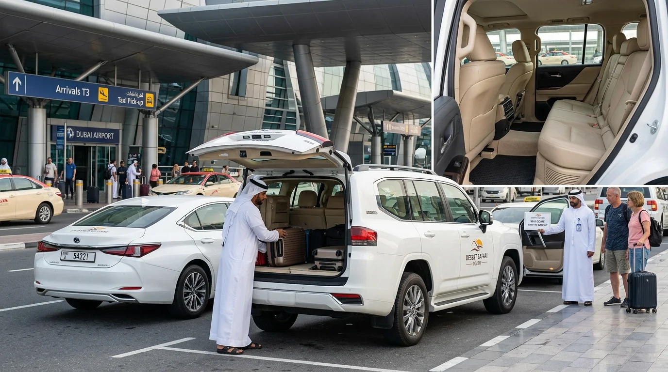 Chauffeur loading guest luggage into a Land Cruiser at Dubai Airport arrivals