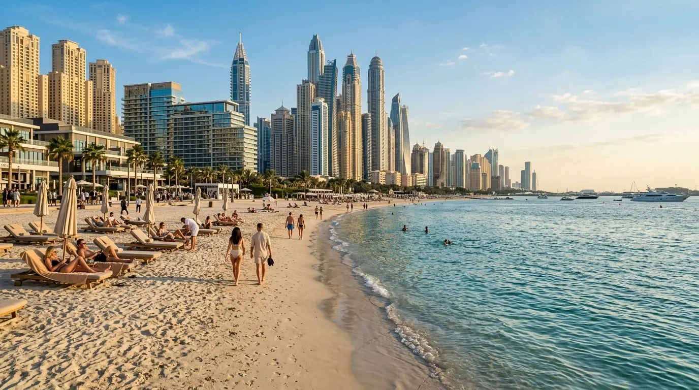 Sun loungers and swimmers at JBR Beach with Dubai Marina towers behind