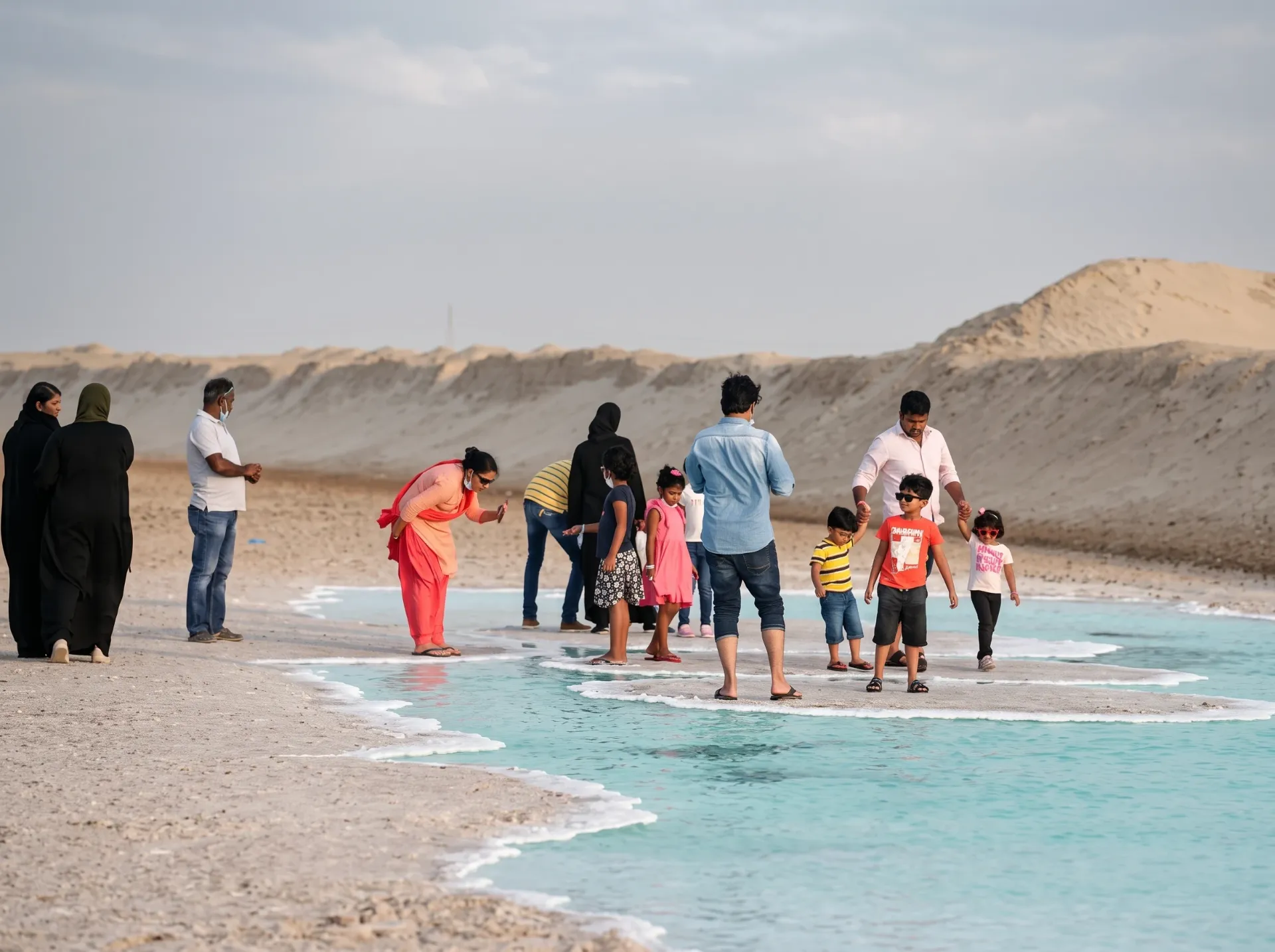 Visitors standing at the edge of the turquoise Al Wathba Salt Lake with desert dunes behind