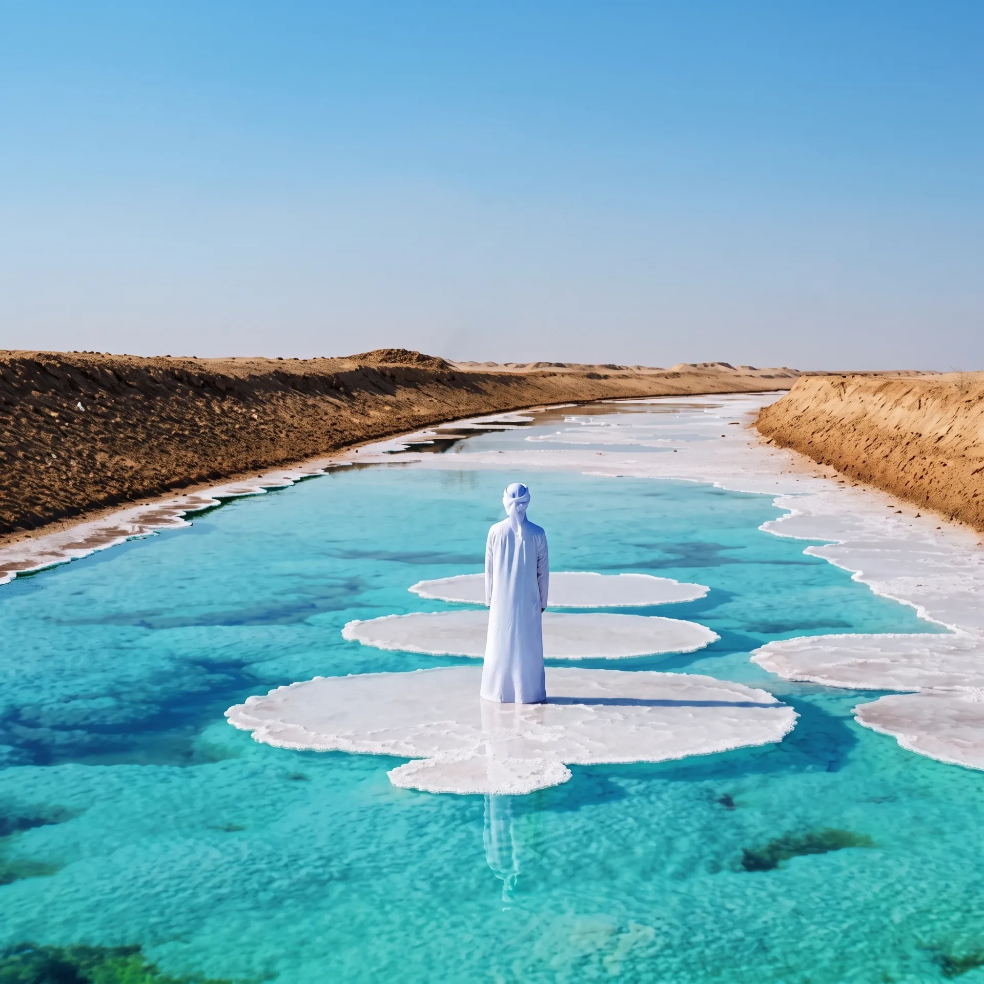 Close view of the salt formations and turquoise water at Al Wathba Salt Lake, Abu Dhabi