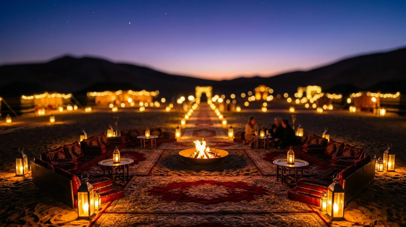 Illuminated luxury desert safari camp at blue hour in the
