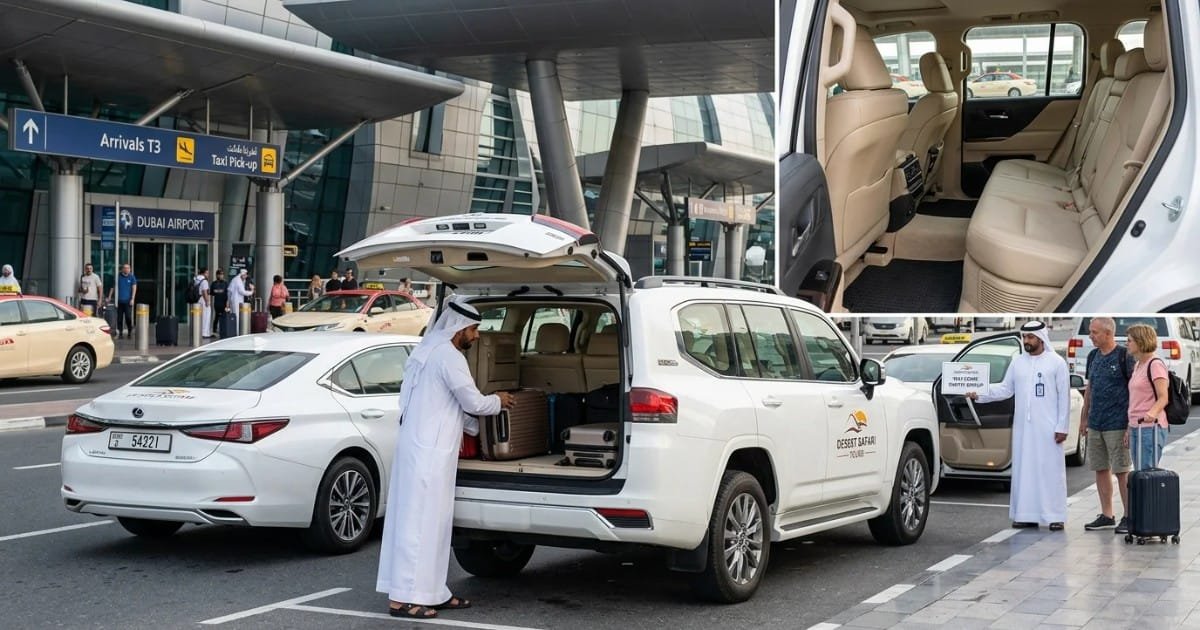Chauffeur loading luggage into a Land Cruiser at Dubai Airport for a private transfer