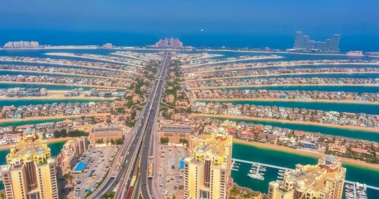 The Palm Jumeirah waterfront and Atlantis hotel seen from the sea