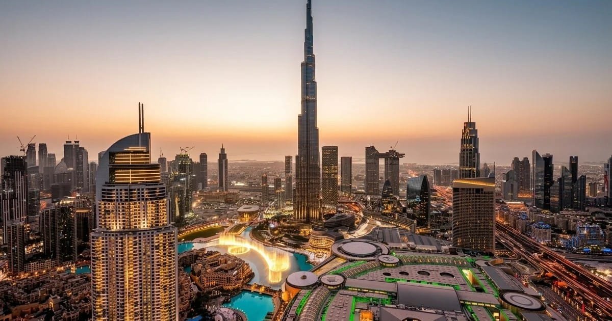 Downtown Dubai and the Burj Khalifa at golden hour