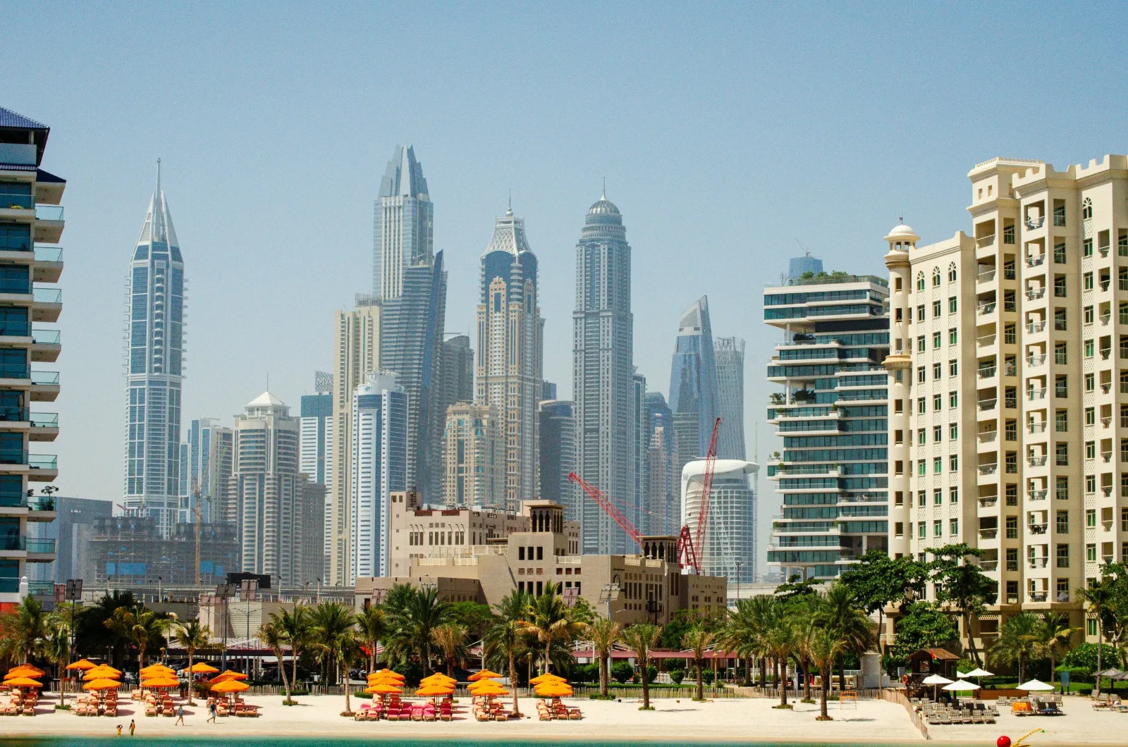 Twisting towers of Dubai Marina viewed across the water