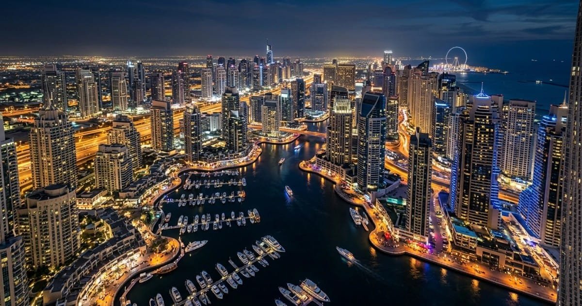 Dubai Marina and the city at night, seen on a Dubai stopover tour