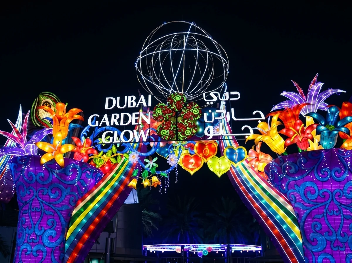 Illuminated Dubai Garden Glow entrance sign with rainbow arches and flower lanterns at night