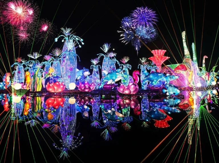 Fireworks over the illuminated light sculptures at Dubai Garden Glow, reflected in the water