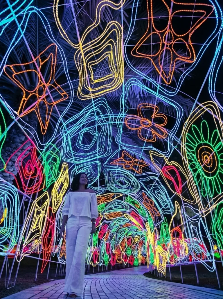 Visitor standing inside a tunnel of neon wire-frame light patterns at Dubai Garden Glow