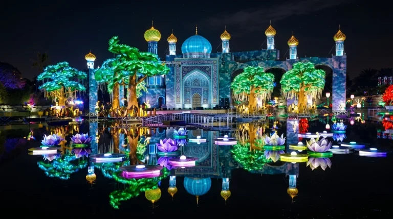 Illuminated domed palace display with lotus lights reflected in the water at Dubai Garden Glow