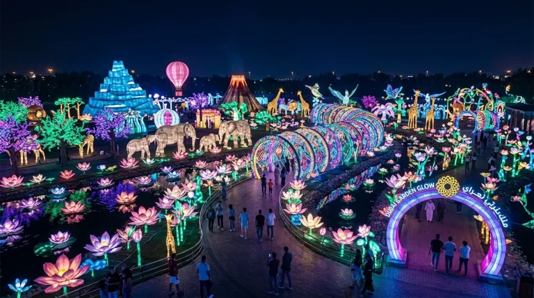 Wide night view of Dubai Garden Glow with illuminated animals, pyramids and visitors walking the paths