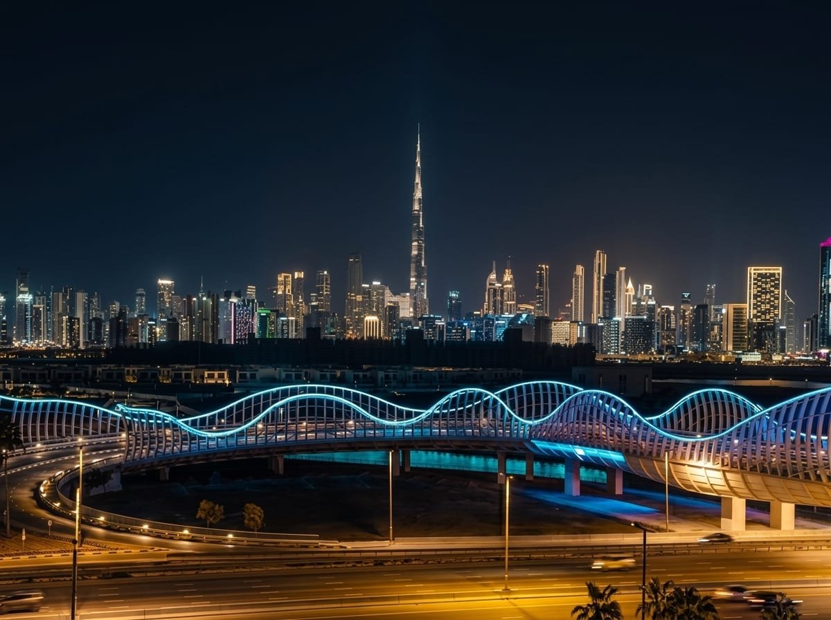 Dubai skyline at night with the towers illuminated