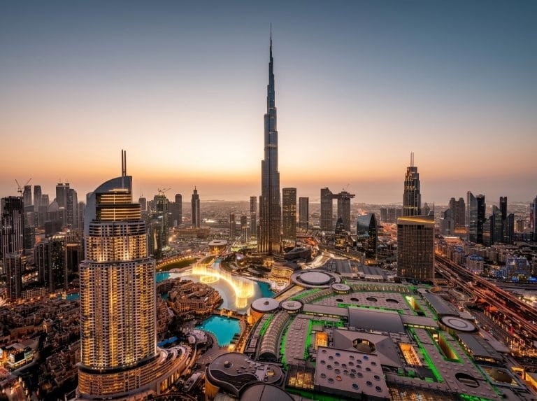 Downtown Dubai and Burj Khalifa glowing at golden hour
