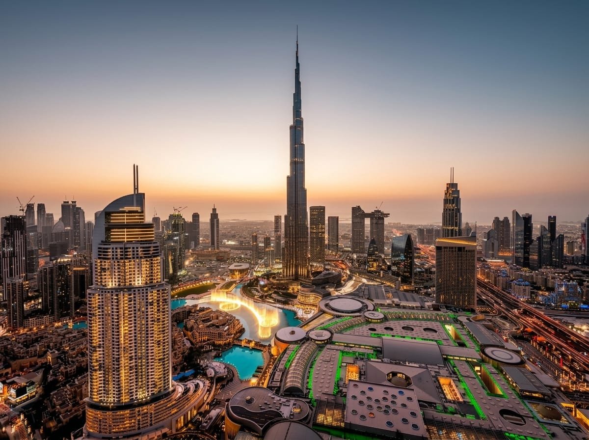 Downtown Dubai and Burj Khalifa glowing at golden hour