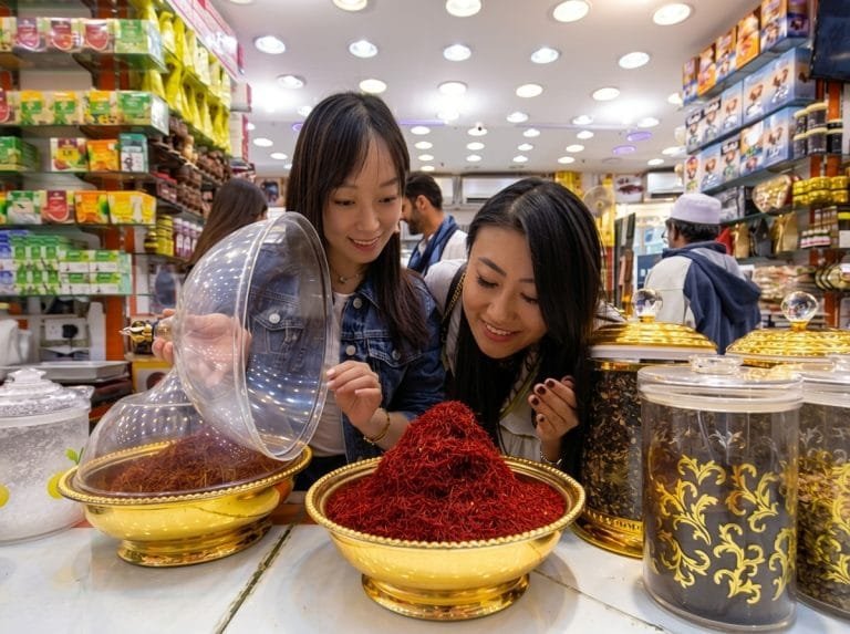 Two guests discovering spices in a traditional Dubai souk shop