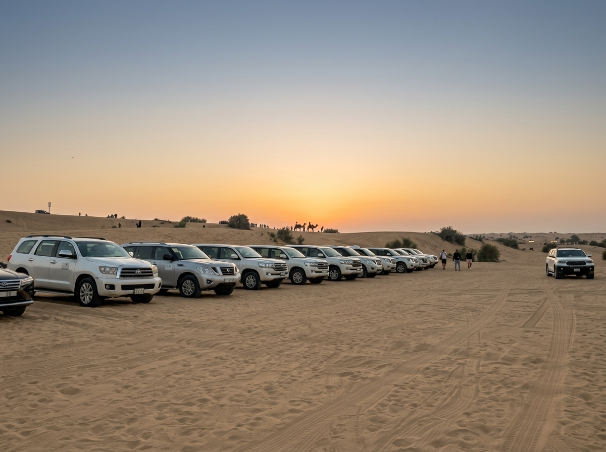 Land Cruiser fleet lined up on the dunes at sunset on a combined Abu Dhabi city and desert layover tour