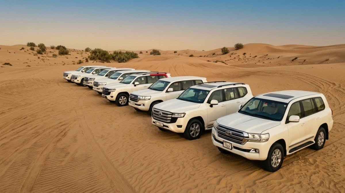 Royal Arabian Safari Land Cruiser fleet on the dunes on a layover desert safari from Abu Dhabi airport