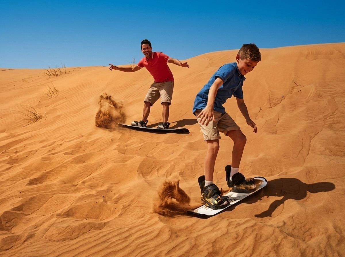 Children sandboarding down a dune on a family Abu Dhabi stopover desert safari