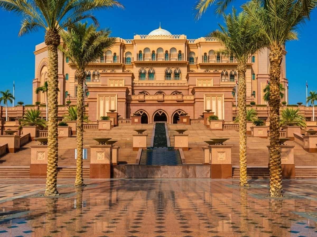 Golden facade and fountain steps of Emirates Palace, a photo stop on the Abu Dhabi stopover city tour