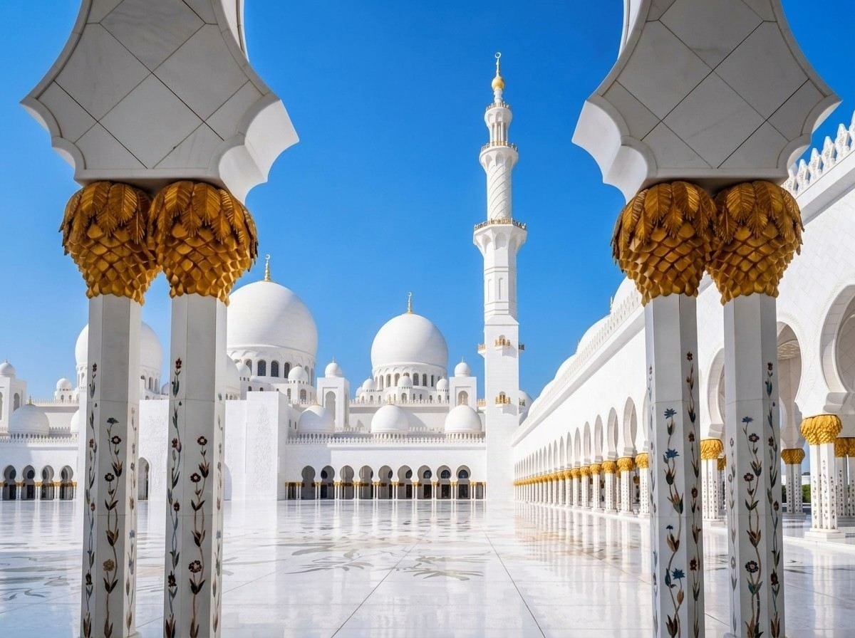 White marble arches at Sheikh Zayed Grand Mosque, the one stop that fits a short Abu Dhabi layover