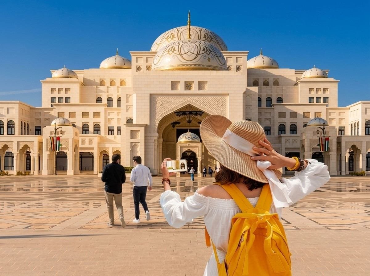 Guest photographing Qasr Al Watan palace on a private Abu Dhabi city tour