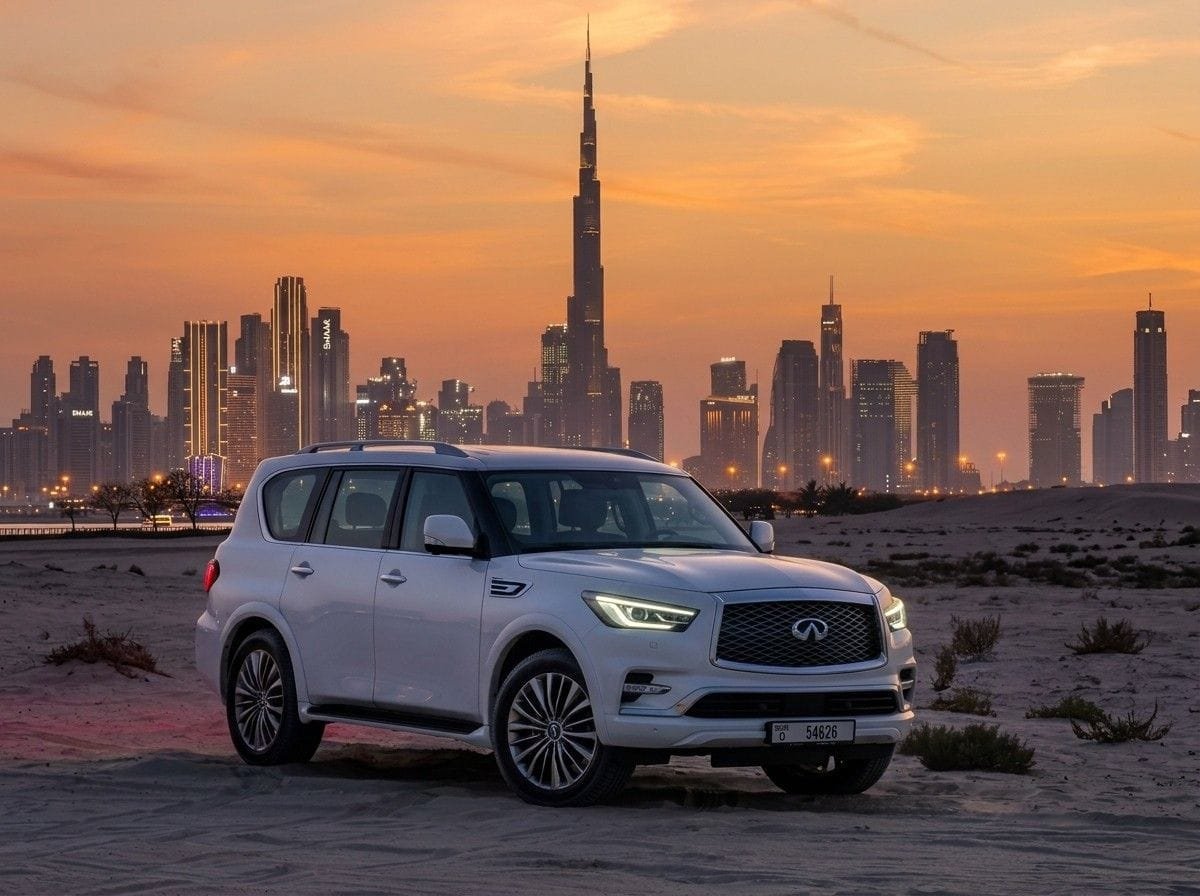 Private 4x4 parked on the sand with the Dubai skyline at dusk on the Abu Dhabi to Dubai stopover day trip