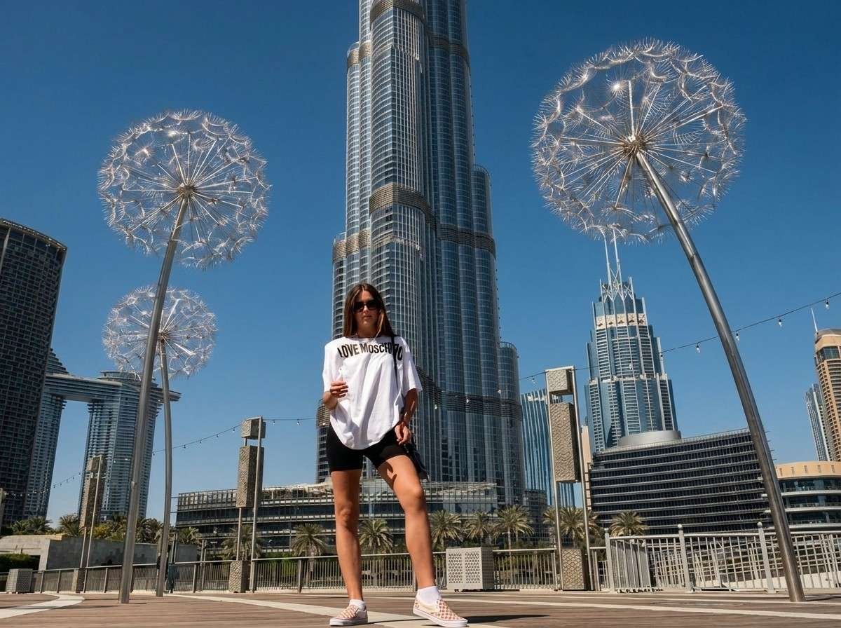 Guest posing below the Burj Khalifa on a Dubai stopover tour