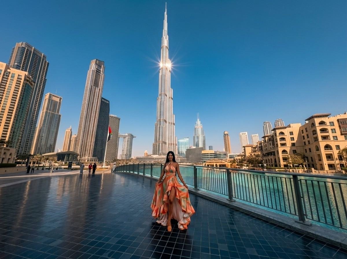 Guest below the Burj Khalifa on a four-hour Dubai stopover tour
