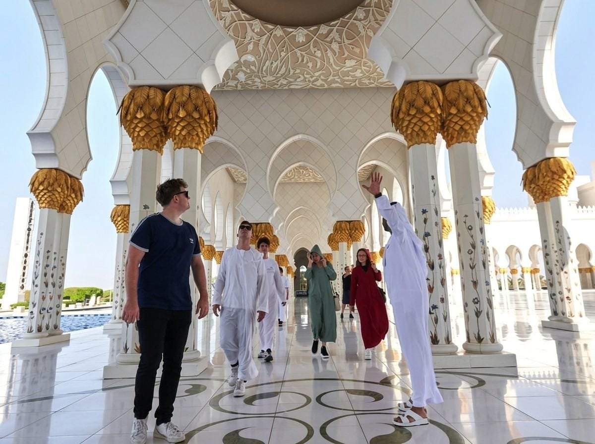 Guests walking the marble colonnade of Sheikh Zayed Grand Mosque on a 48-hour Abu Dhabi stopover