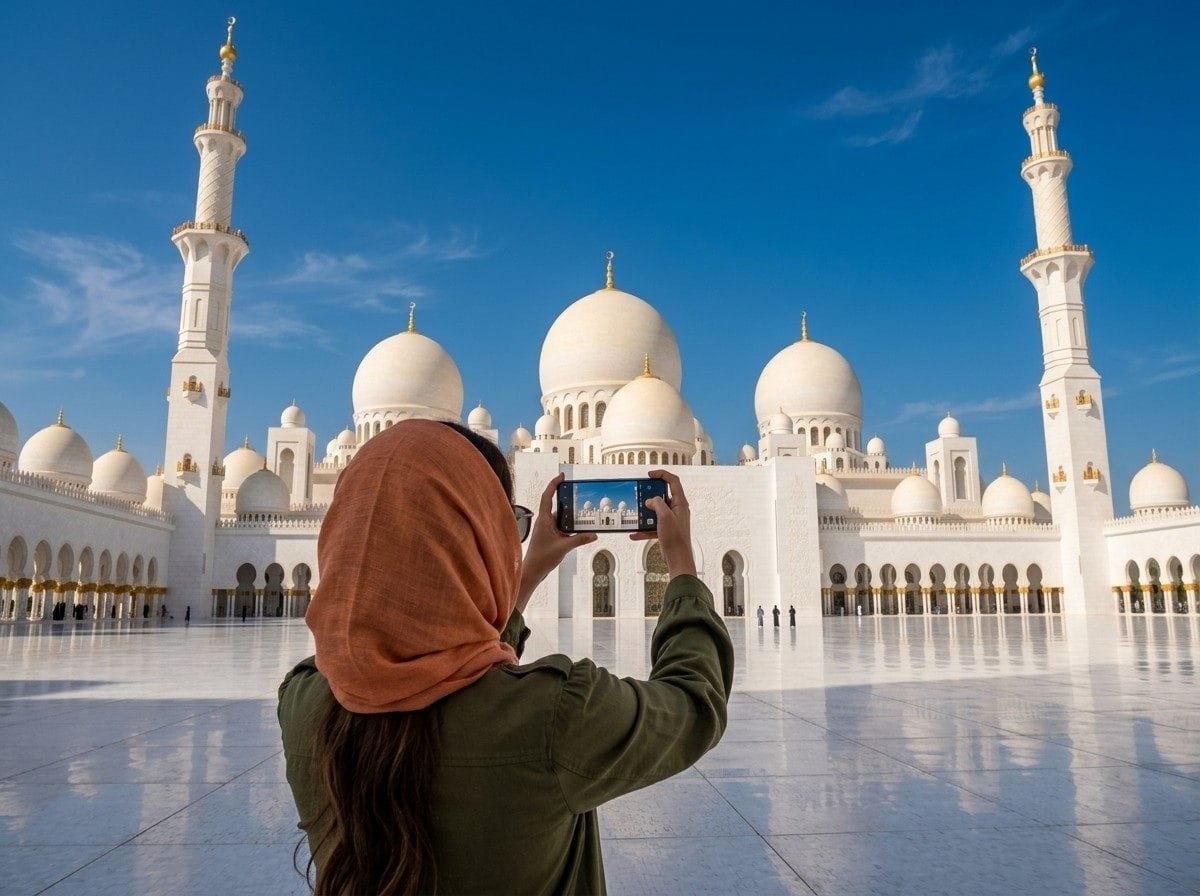 Visitor photographing the white domes of Sheikh Zayed Grand Mosque in Abu Dhabi