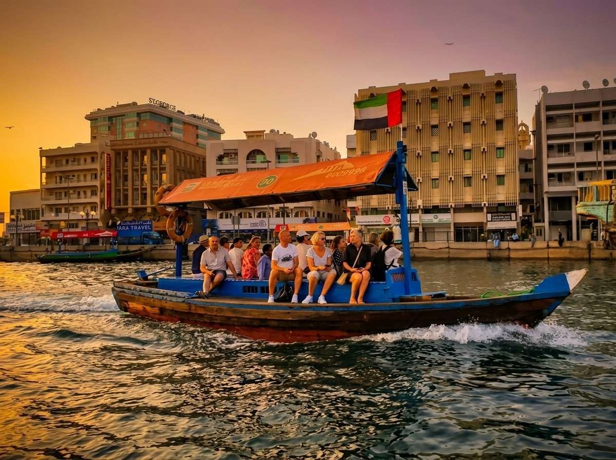 Guests crossing Dubai Creek on a traditional wooden abra in Old Dubai