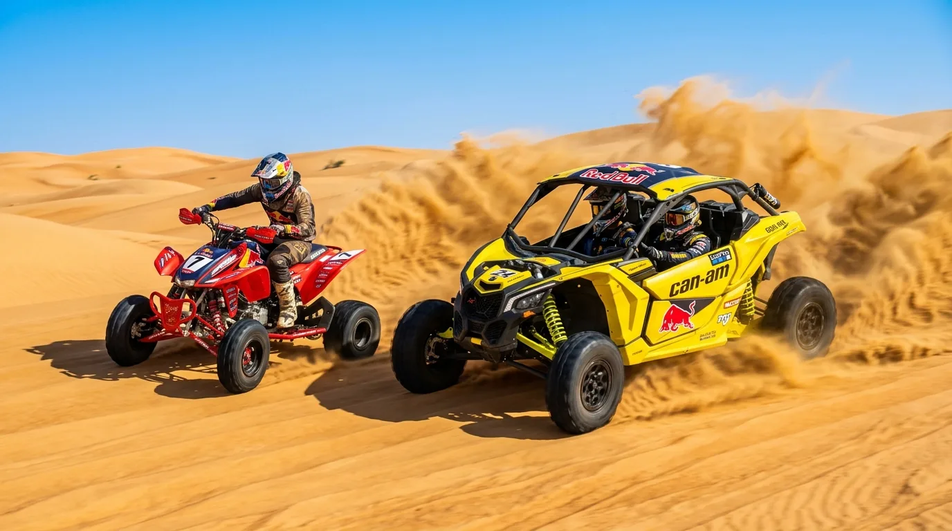 Red adventure dune buggy on golden sand dunes desert
